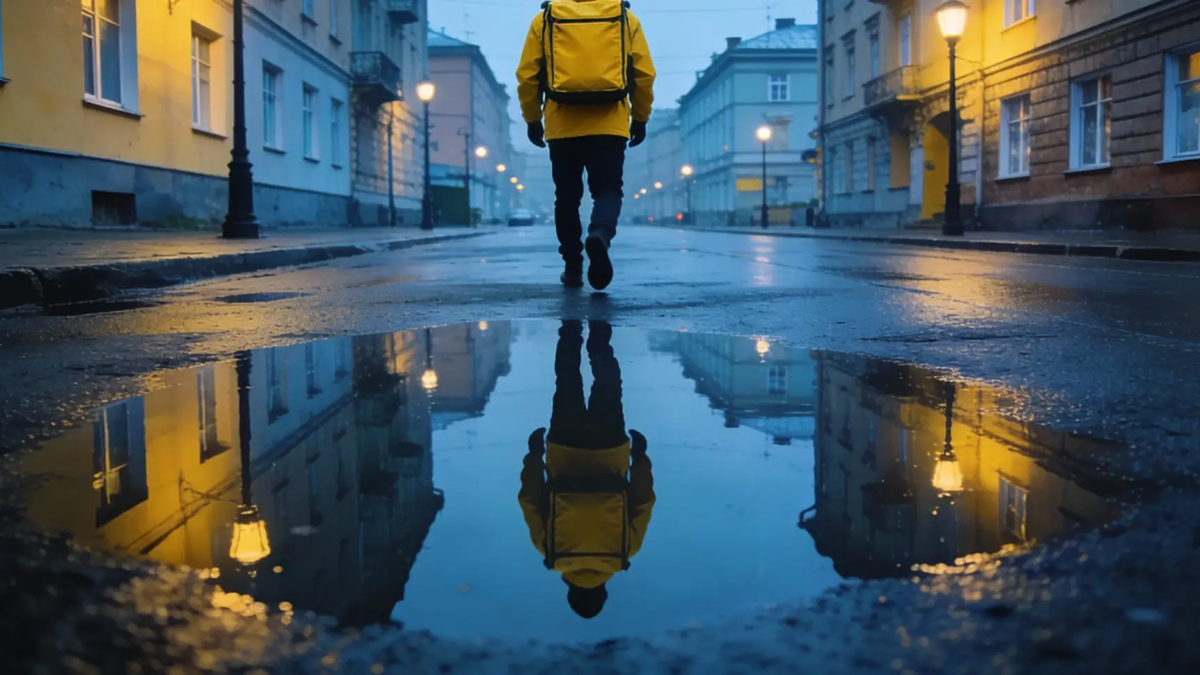 Курьер в яркой куртке передает пакет с едой клиенту у входа.