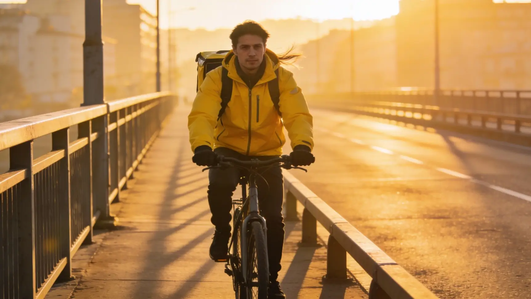 Курьер в дождевике передает заказ клиенту в плохую погоду. Курьер в дождевике передает заказ клиенту в плохую погоду.