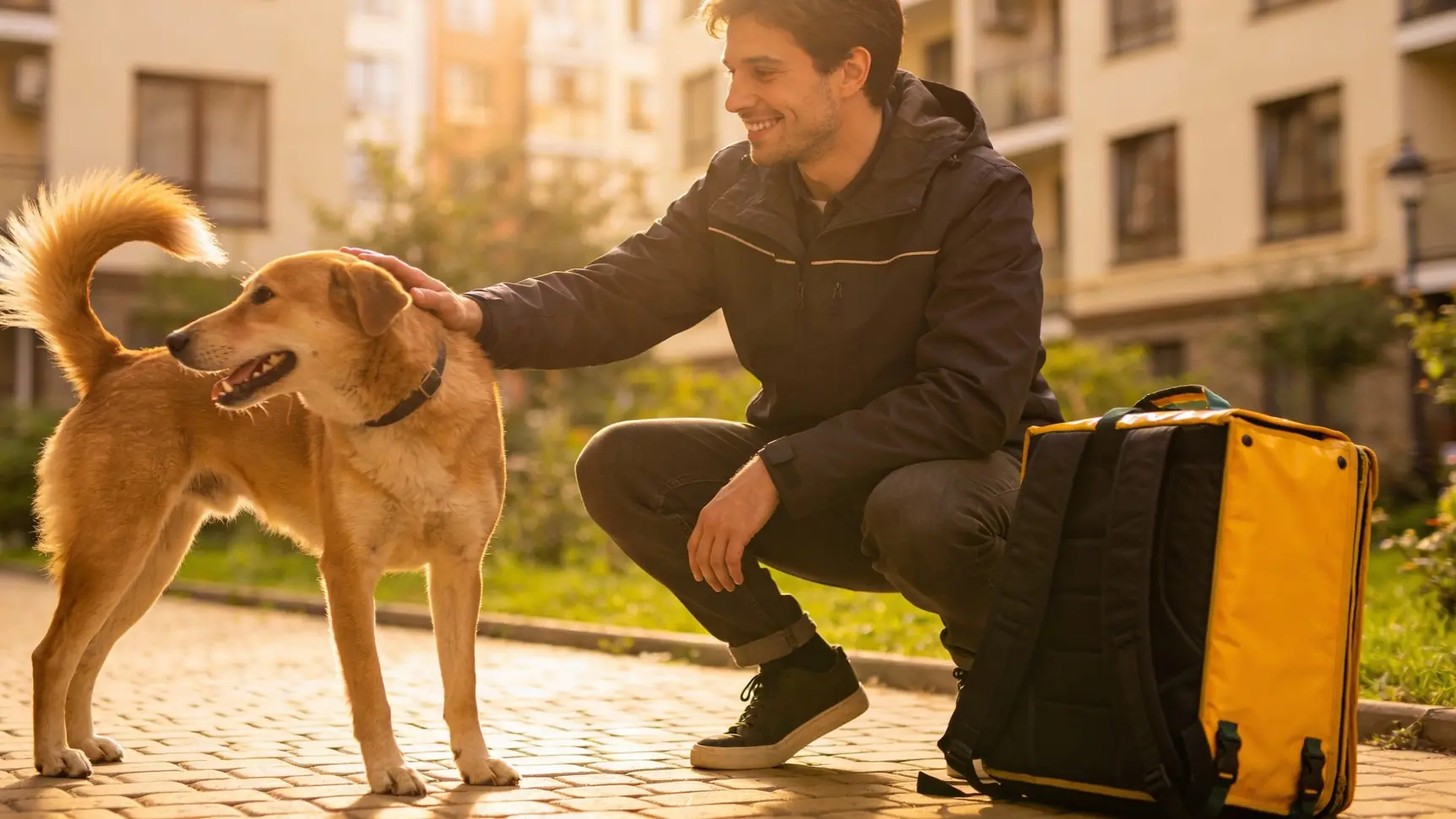 Пеший курьер с желтым термокоробом идет по тротуару в жилом районе города.